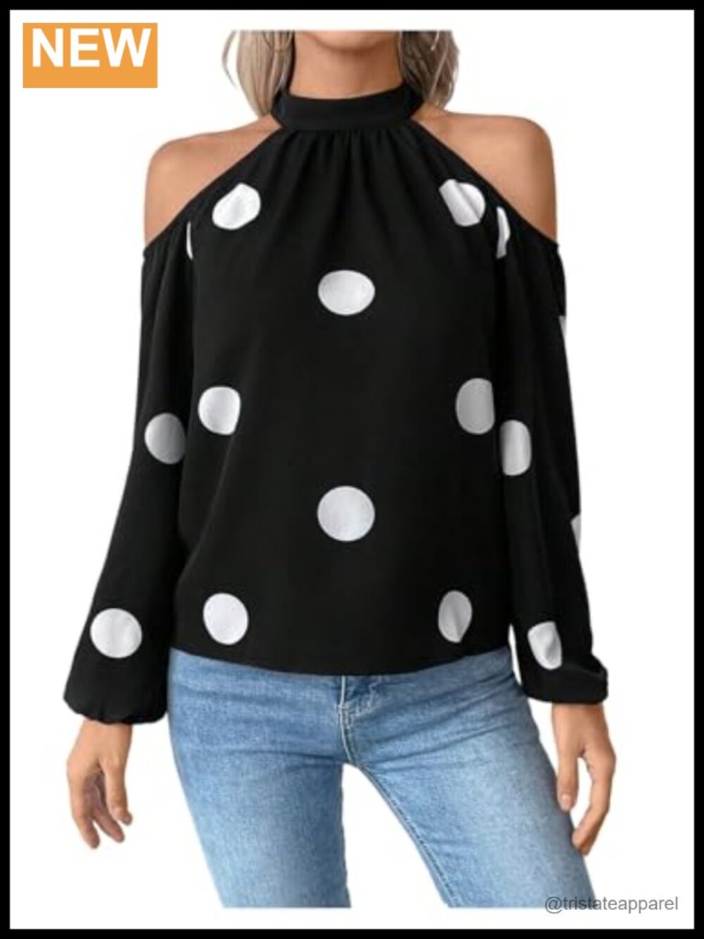 Women's Polka Dot Halter Blouse Long Sleeve Cold Shoulder